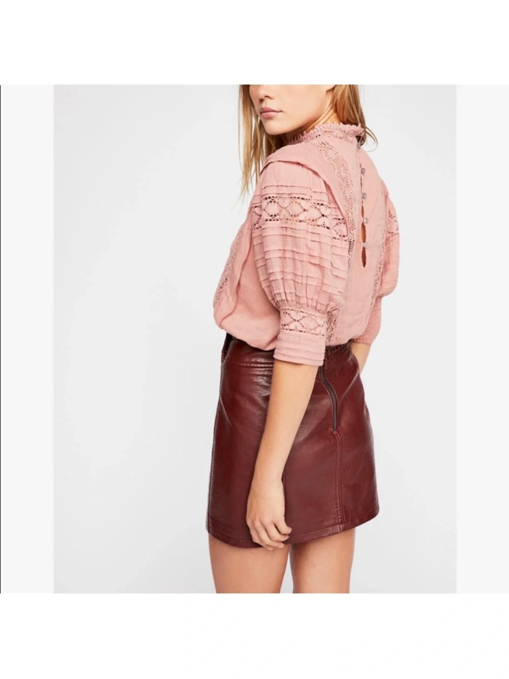 FP One Sydney  Lace-Panel Pink Blouse with Puff Sleeves
